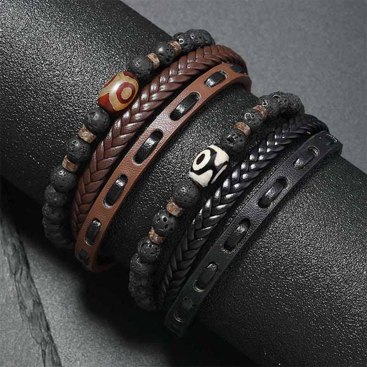 Buddha Stones Bracciale portafortuna in pelle intrecciata multistrato con pietre laviche e perline Dzi. - image 9