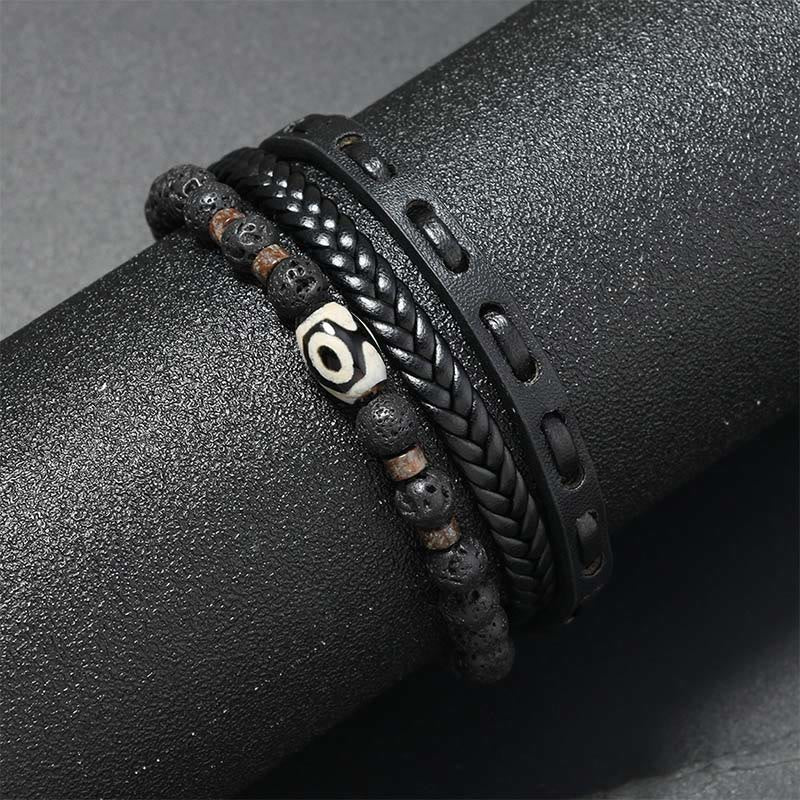 Buddha Stones Bracciale portafortuna in pelle intrecciata multistrato con pietre laviche e perline Dzi. - image 1