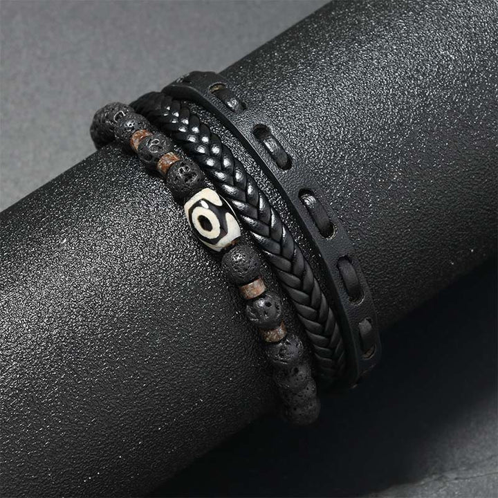 Buddha Stones Bracciale portafortuna in pelle intrecciata multistrato con pietre laviche e perline Dzi. - image 1