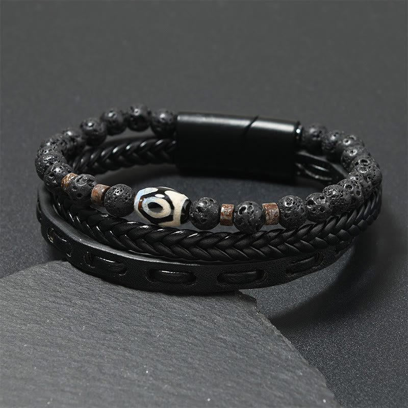 Buddha Stones Bracciale portafortuna in pelle intrecciata multistrato con pietre laviche e perline Dzi. - Pelle nera (circonferenza del polso: 18-19 cm) - image 0