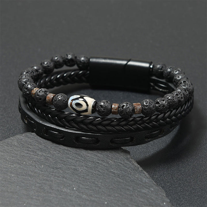 Buddha Stones Bracciale portafortuna in pelle intrecciata multistrato con pietre laviche e perline Dzi. - Pelle nera (circonferenza del polso: 18-19 cm) - image 0