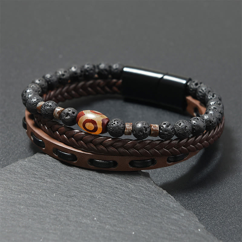 Buddha Stones Bracciale portafortuna in pelle intrecciata multistrato con pietre laviche e perline Dzi. - Cinturino in pelle color caffè (circonferenza del polso: 18-19 cm) - image 3