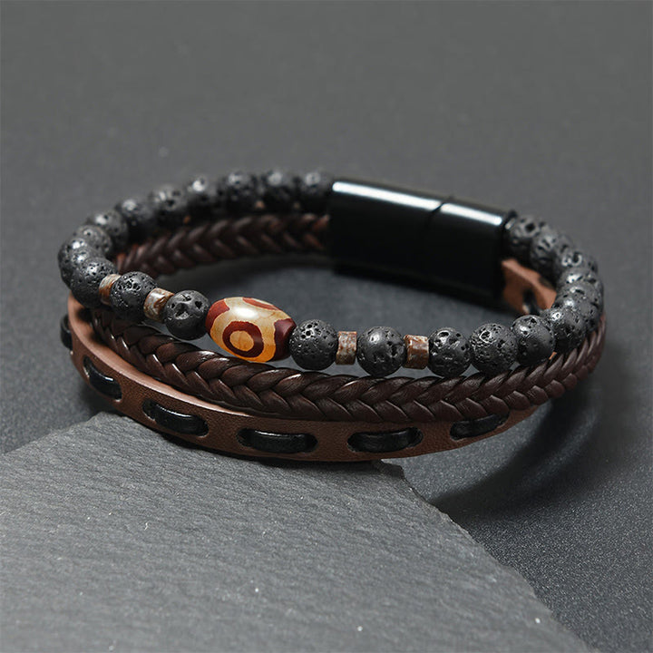 Buddha Stones Bracciale portafortuna in pelle intrecciata multistrato con pietre laviche e perline Dzi. - Cinturino in pelle color caffè (circonferenza del polso: 18-19 cm) - image 3