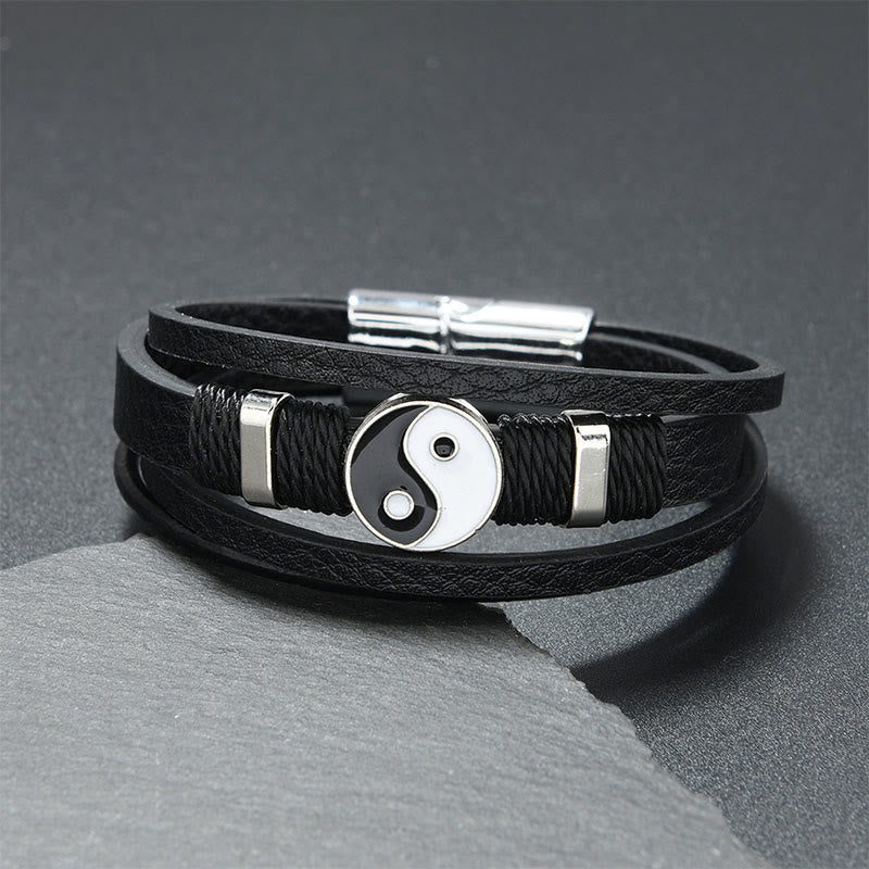 Buddha Stones Bracciale in pelle multistrato Yin Yang bianco e nero con motivo bilancia - Pelle nera (circonferenza del polso: 18-19 cm) - image 0
