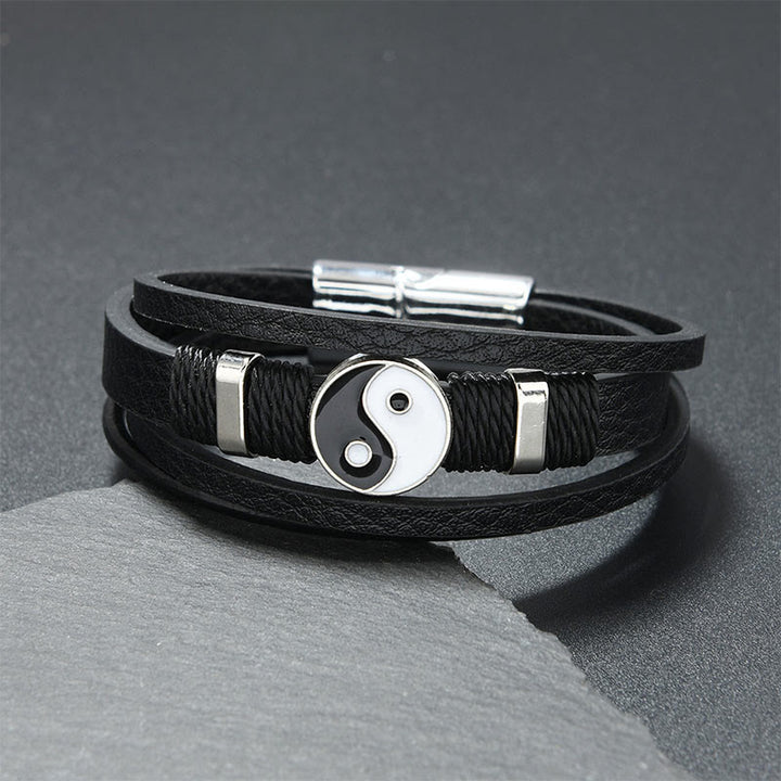 Buddha Stones Bracciale in pelle multistrato Yin Yang bianco e nero con motivo bilancia - Pelle nera (circonferenza del polso: 18-19 cm) - image 0