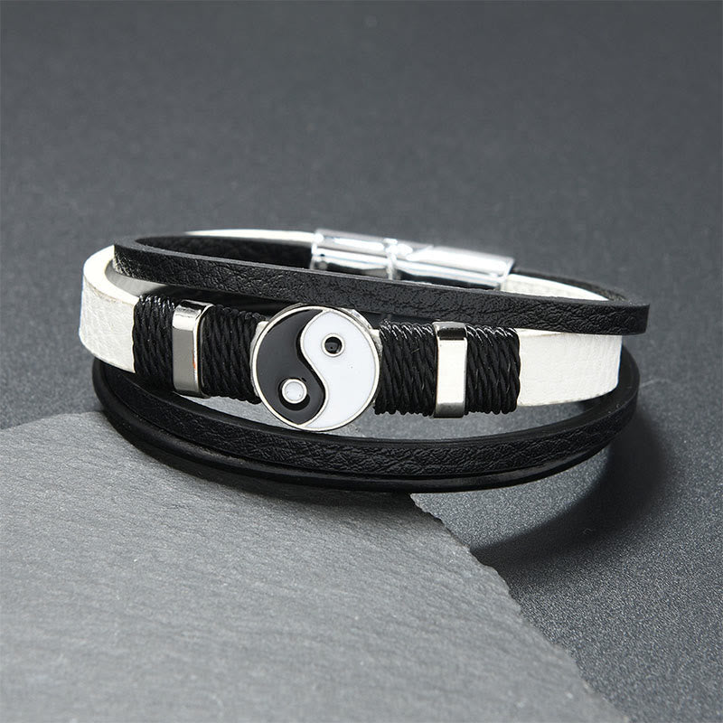 Buddha Stones Bracciale in pelle multistrato Yin Yang bianco e nero con motivo bilancia - Pelle bianca (circonferenza del polso: 18-19 cm) - image 2