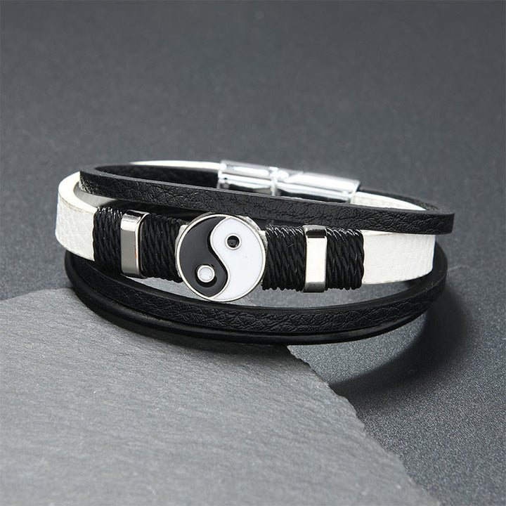 Buddha Stones Bracciale in pelle multistrato Yin Yang bianco e nero con motivo bilancia - Pelle bianca (circonferenza del polso: 18-19 cm) - image 2