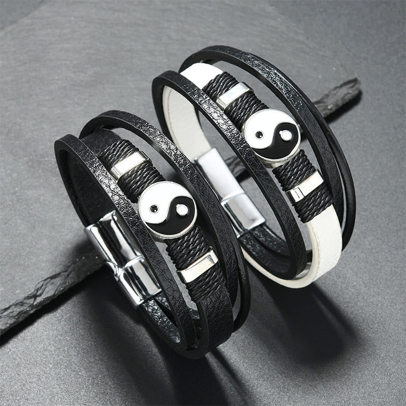 Buddha Stones Bracciale in pelle multistrato Yin Yang bianco e nero con motivo bilancia - image 3