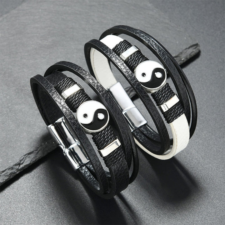 Buddha Stones Bracciale in pelle multistrato Yin Yang bianco e nero con motivo bilancia - image 3