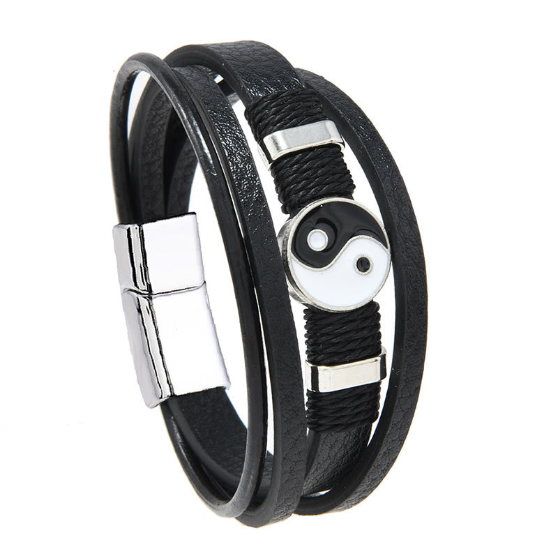 Buddha Stones Bracciale in pelle multistrato Yin Yang bianco e nero con motivo bilancia - image 1