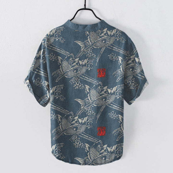 Buddha Stones Camicia da uomo a maniche corte con mezza abbottonatura, in cotone, con motivo di carpe koi e bambù. - image 7