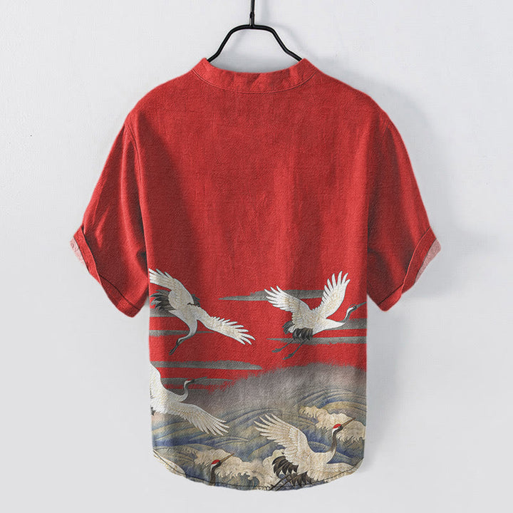 Buddha Stones Camicia da uomo a maniche corte con mezzo bottone e motivo a onde e gru in cotone - image 7