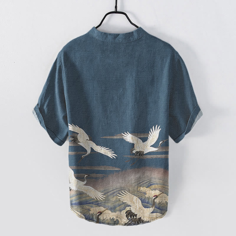 Buddha Stones Camicia da uomo a maniche corte con mezzo bottone e motivo a onde e gru in cotone - image 5