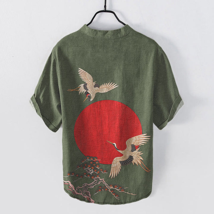 Buddha Stones Camicia da uomo a maniche corte con mezza abbottonatura, in cotone, con motivo semplice gru, sole e pino rosso. - image 7