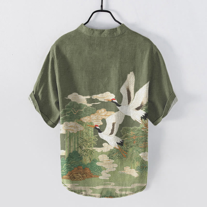 Buddha Stones Camicia da uomo a maniche corte con mezzo bottone, stampa "Cotton Crane Auspicious Clouds Landscapes". - image 1