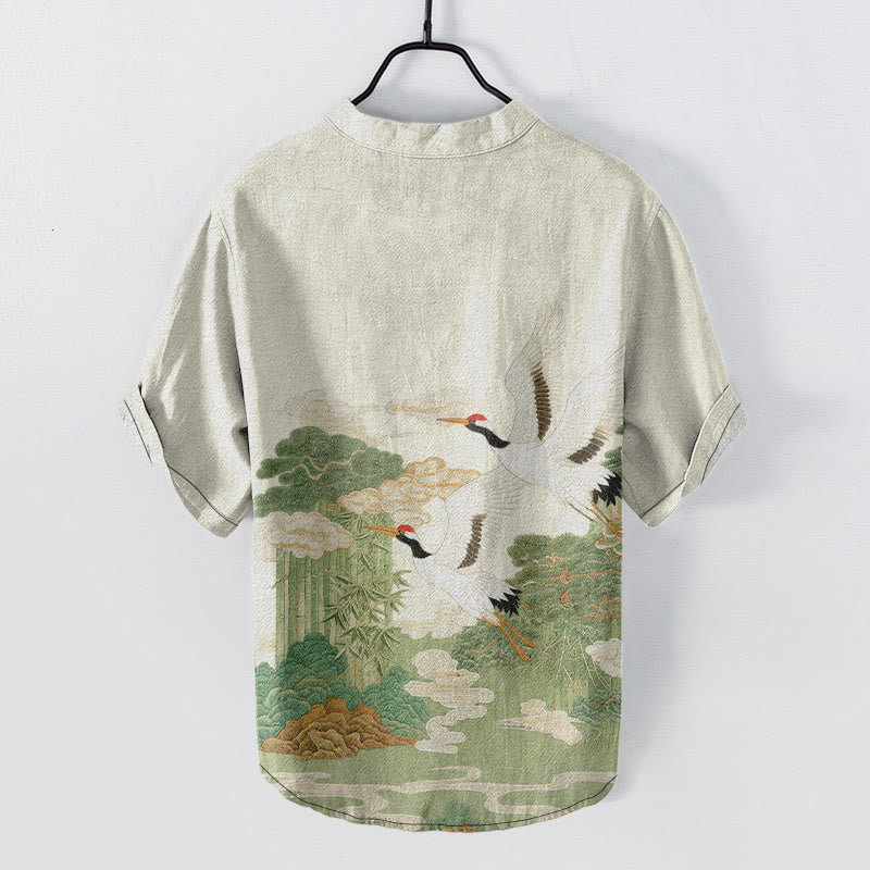 Buddha Stones Camicia da uomo a maniche corte con mezzo bottone, stampa "Cotton Crane Auspicious Clouds Landscapes". - image 7