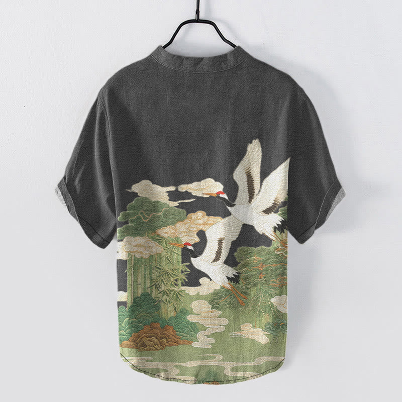 Buddha Stones Camicia da uomo a maniche corte con mezzo bottone, stampa "Cotton Crane Auspicious Clouds Landscapes". - image 5