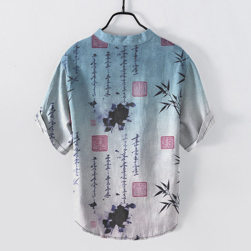 Buddha Stones Camicia da uomo a maniche corte con mezzo bottone, in cotone, con motivo calligrafico sfumato e stampa a inchiostro di bambù. - image 5