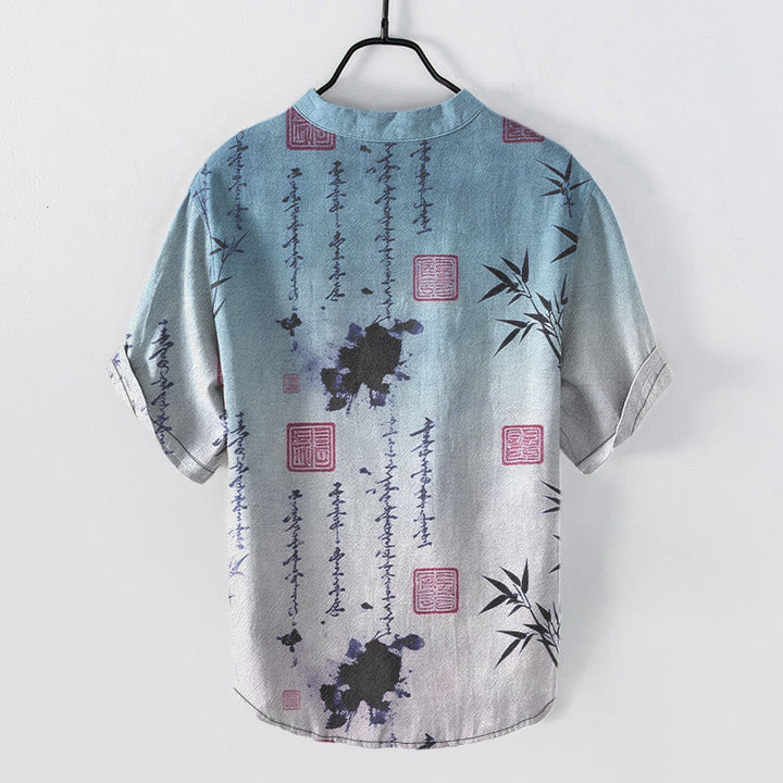 Buddha Stones Camicia da uomo a maniche corte con mezzo bottone, in cotone, con motivo calligrafico sfumato e stampa a inchiostro di bambù. - image 5