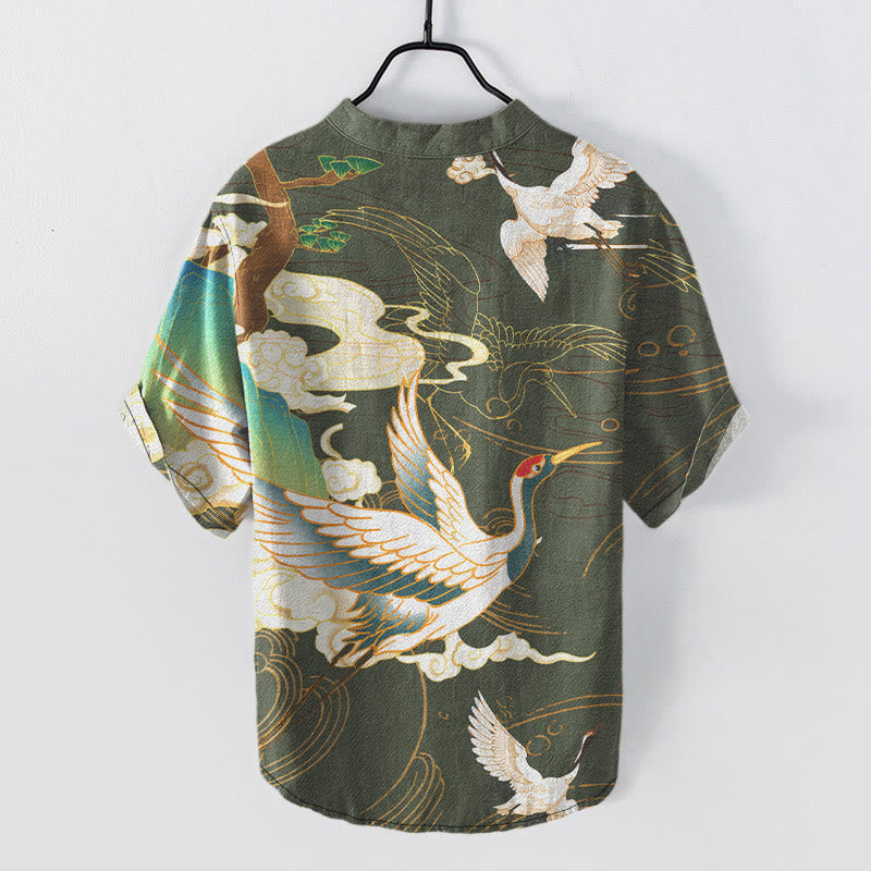 Buddha Stones Camicia da uomo a maniche corte con mezzo bottone, stampa "Cotton Crane Auspicious Clouds Pine Pattern" e motivo a gru di cotone. - image 7
