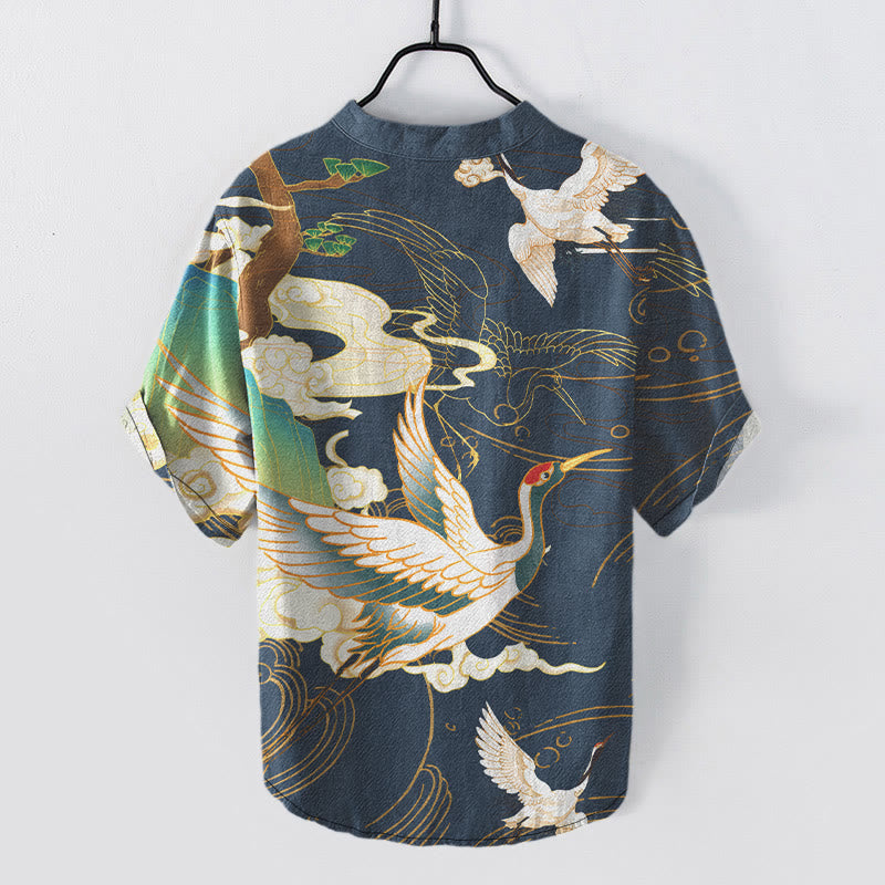 Buddha Stones Camicia da uomo a maniche corte con mezzo bottone, stampa "Cotton Crane Auspicious Clouds Pine Pattern" e motivo a gru di cotone. - image 5
