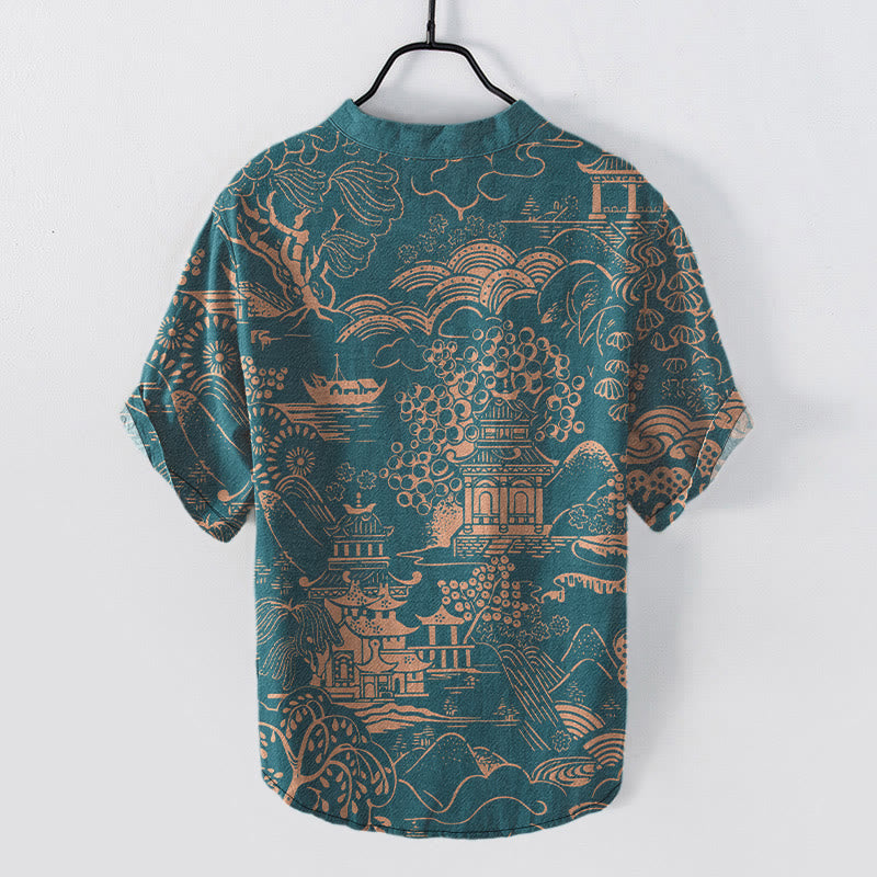 Buddha Stones Camicia da uomo a maniche corte con mezzo bottone, in cotone, con motivo paesaggistico Nature Towers. - image 1