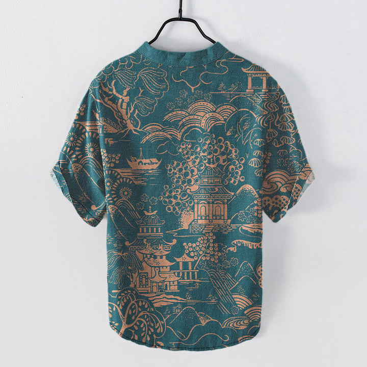 Buddha Stones Camicia da uomo a maniche corte con mezzo bottone, in cotone, con motivo paesaggistico Nature Towers. - image 1