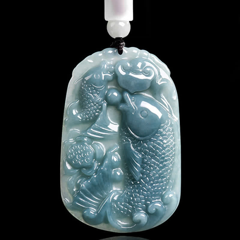 Buddha Stones Collana con ciondolo a forma di doppia carpa koi intagliata in giada naturale, simbolo di prosperità. - image 1