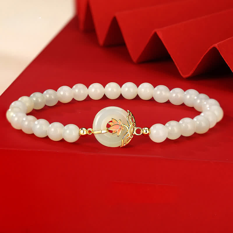 Buddha Stones Bracciale con fibbia a perline e simbolo di loto Hetian in argento sterling 925 con giada bianca e armonia. - Loto - Giada bianca Hetian (circonferenza del polso 15-16 cm) - image 0