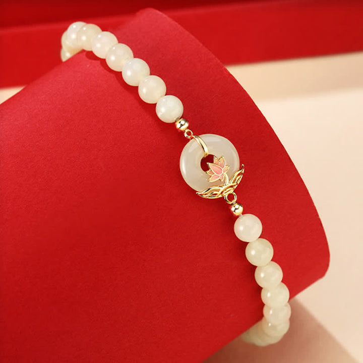 Buddha Stones Bracciale con fibbia a perline e simbolo di loto Hetian in argento sterling 925 con giada bianca e armonia. - image 1