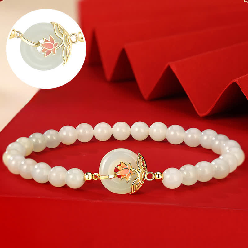 Buddha Stones Bracciale con fibbia a perline e simbolo di loto Hetian in argento sterling 925 con giada bianca e armonia. - image 2