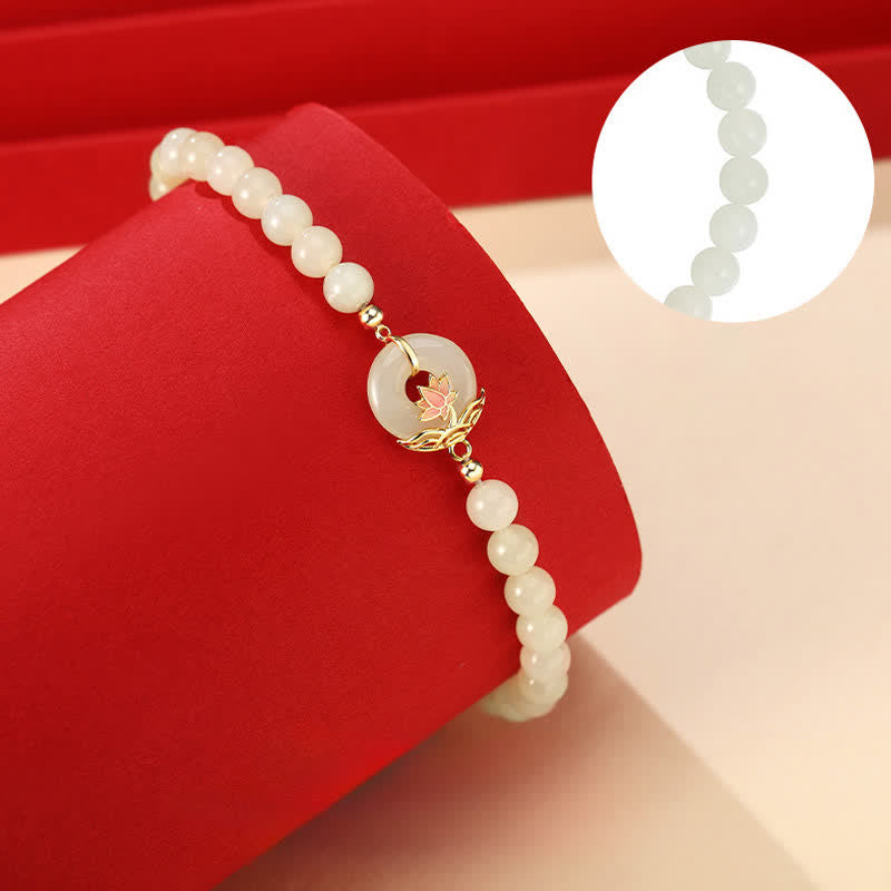 Buddha Stones Bracciale con fibbia a perline e simbolo di loto Hetian in argento sterling 925 con giada bianca e armonia. - image 3