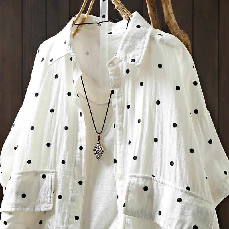 Buddha Stones Camicia da donna a maniche corte con colletto a risvolto e tasche, a pois, in cotone, ideale per il tragitto casa-lavoro. - image 4