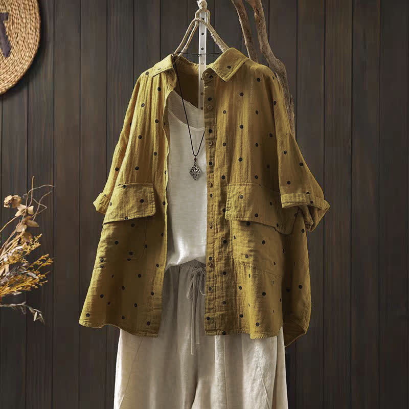 Buddha Stones Camicia da donna a maniche corte con colletto a risvolto e tasche, a pois, in cotone, ideale per il tragitto casa-lavoro. - Verga d'oro - US12, UK/AU16, EU44 (2XL) - image 10