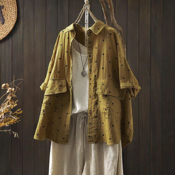 Buddha Stones Camicia da donna a maniche corte con colletto a risvolto e tasche, a pois, in cotone, ideale per il tragitto casa-lavoro. - Verga d'oro - US12, UK/AU16, EU44 (2XL) - image 10