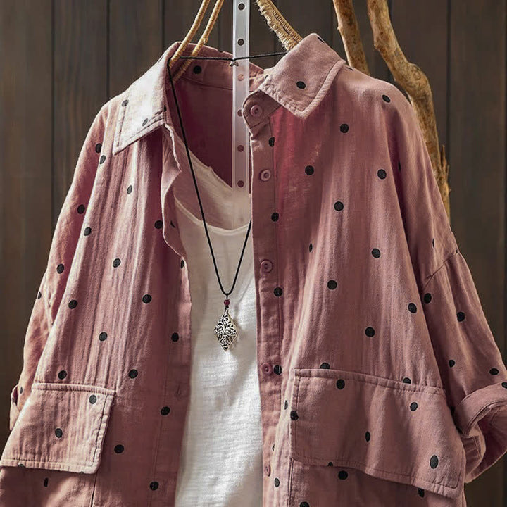 Buddha Stones Camicia da donna a maniche corte con colletto a risvolto e tasche, a pois, in cotone, ideale per il tragitto casa-lavoro. - image 1