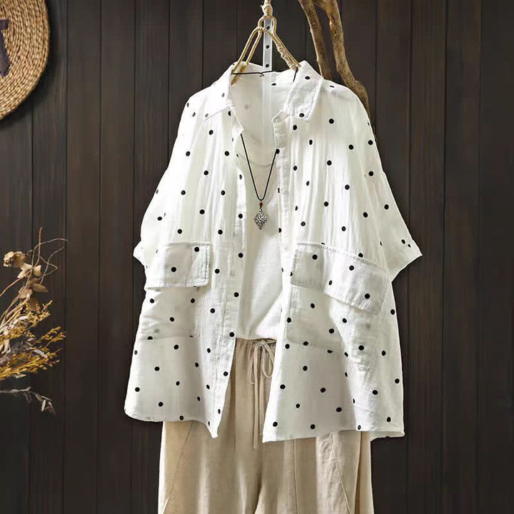 Buddha Stones Camicia da donna a maniche corte con colletto a risvolto e tasche, a pois, in cotone, ideale per il tragitto casa-lavoro. - Bianco - US12, UK/AU16, EU44 (2XL) - image 2
