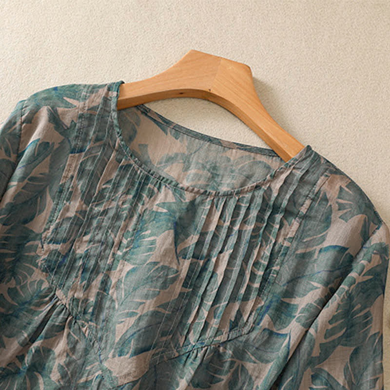 Buddha Stones T-shirt da donna a maniche corte con scollo rotondo e pieghe, motivo floreale, ideale per il tragitto casa-lavoro. - image 4