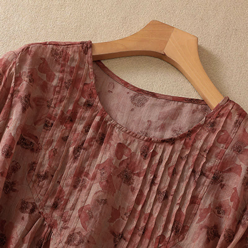 Buddha Stones T-shirt da donna a maniche corte con scollo rotondo e pieghe, motivo floreale, ideale per il tragitto casa-lavoro. - image 14