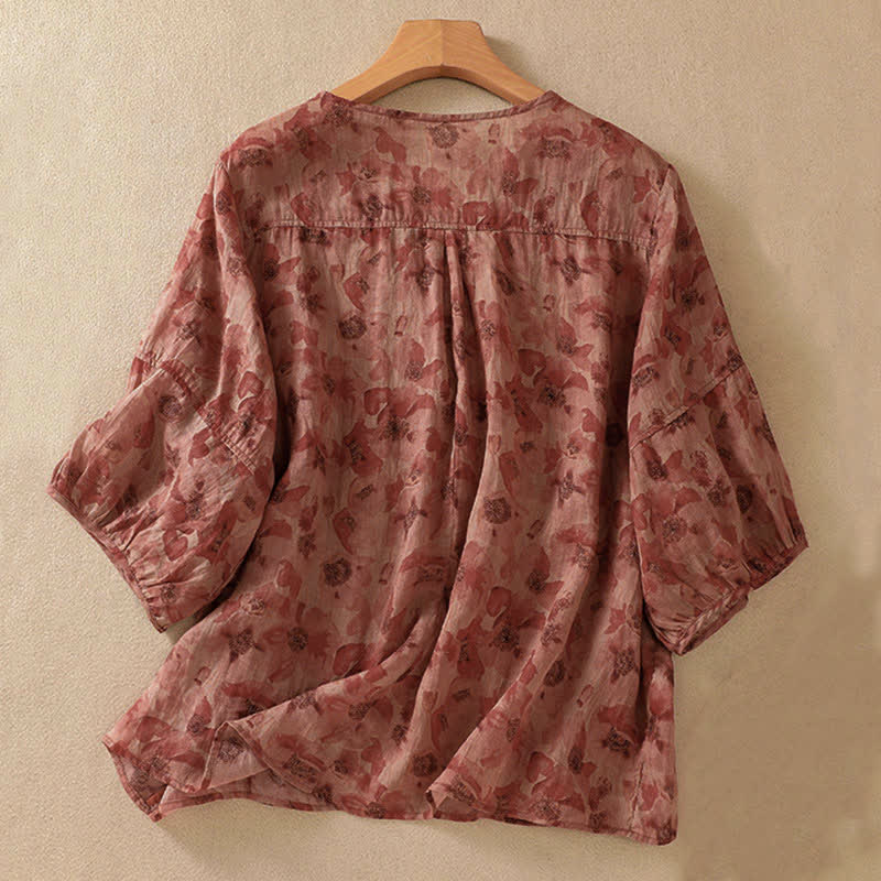 Buddha Stones T-shirt da donna a maniche corte con scollo rotondo e pieghe, motivo floreale, ideale per il tragitto casa-lavoro. - image 13