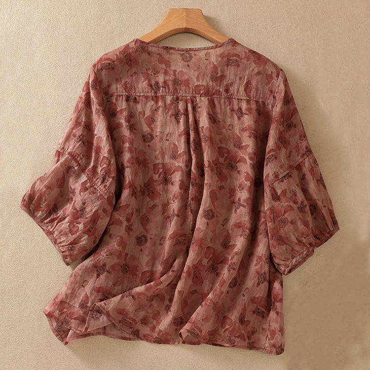 Buddha Stones T-shirt da donna a maniche corte con scollo rotondo e pieghe, motivo floreale, ideale per il tragitto casa-lavoro. - image 13