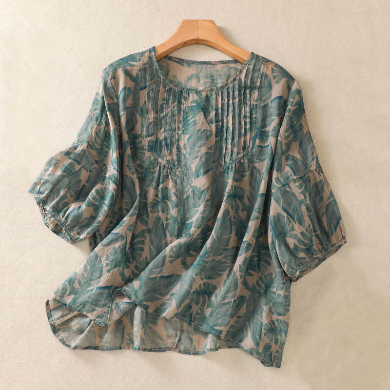 Buddha Stones T-shirt da donna a maniche corte con scollo rotondo e pieghe, motivo floreale, ideale per il tragitto casa-lavoro. - Verde mare medio - US8-10, UK/AU12-14, EU40-42 (2XL) - image 0