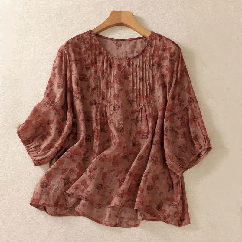 Buddha Stones T-shirt da donna a maniche corte con scollo rotondo e pieghe, motivo floreale, ideale per il tragitto casa-lavoro. - Rosso Indiano - US8-10, UK/AU12-14, EU40-42 (2XL) - image 12