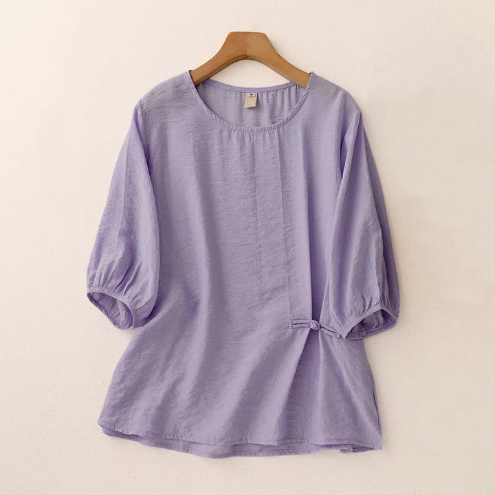 Buddha Stones T-shirt da donna a maniche corte a sbuffo con design a rana e bottoni a forma di rana, tinta unita. - Viola medio - US8-10, UK/AU12-14, EU40-42 (2XL) - image 14