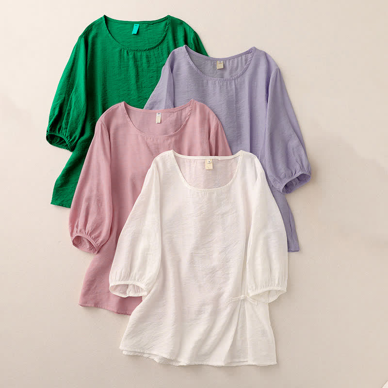 Buddha Stones T-shirt da donna a maniche corte a sbuffo con design a rana e bottoni a forma di rana, tinta unita. - image 18