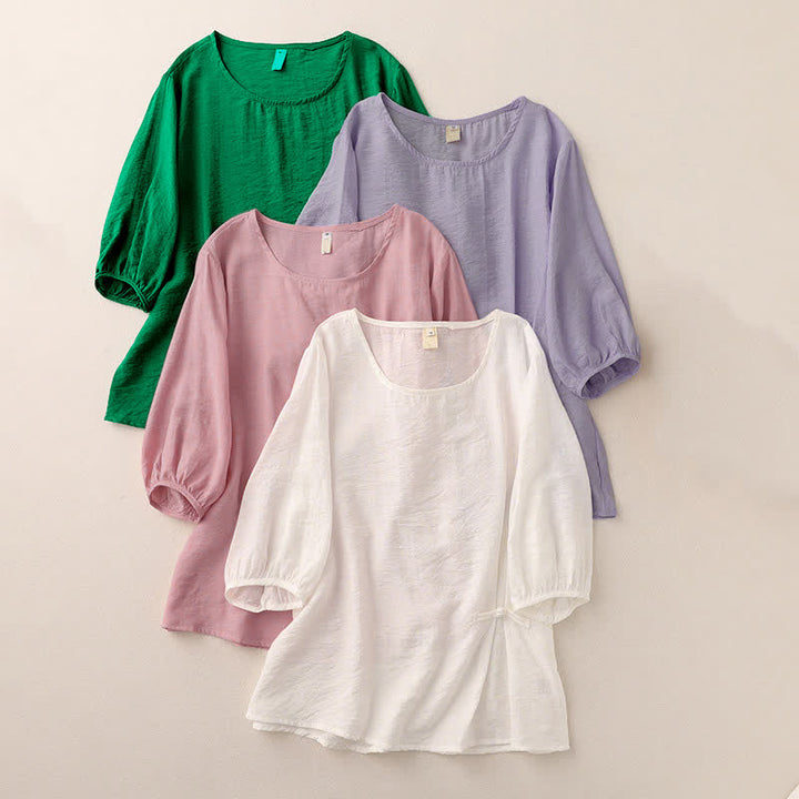 Buddha Stones T-shirt da donna a maniche corte a sbuffo con design a rana e bottoni a forma di rana, tinta unita. - image 18