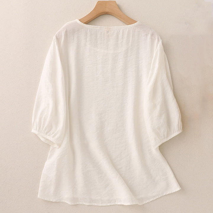 Buddha Stones T-shirt da donna a maniche corte a sbuffo con design a rana e bottoni a forma di rana, tinta unita. - image 7