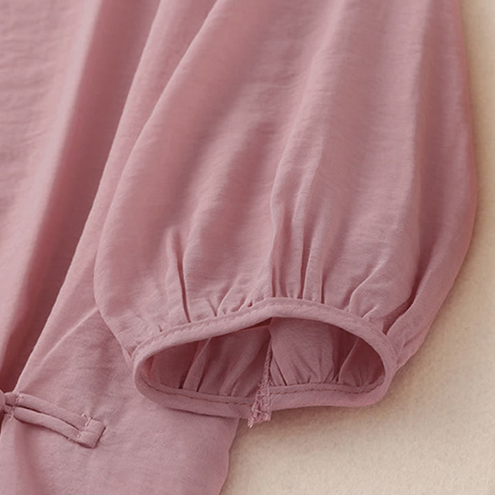 Buddha Stones T-shirt da donna a maniche corte a sbuffo con design a rana e bottoni a forma di rana, tinta unita. - image 4