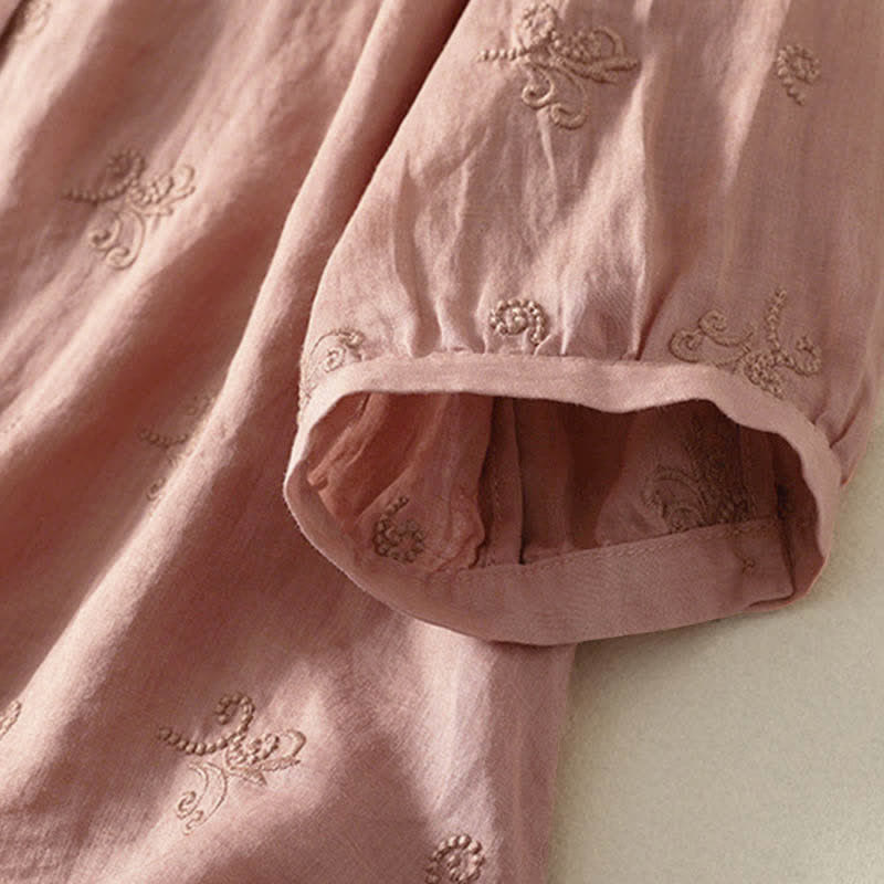 Buddha Stones Camicia da donna a maniche corte con bottoni e ricami floreali in stile retrò. - image 9