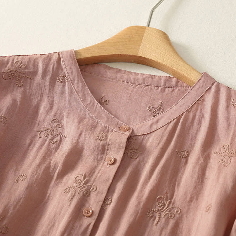 Buddha Stones Camicia da donna a maniche corte con bottoni e ricami floreali in stile retrò. - image 6